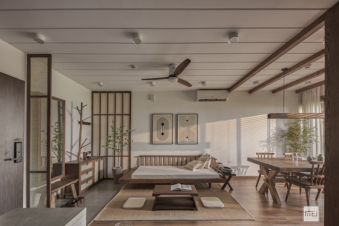 Không gian sống Japandi được nhấn nhá với cách bài trí nội thất gỗ đẹp mắt